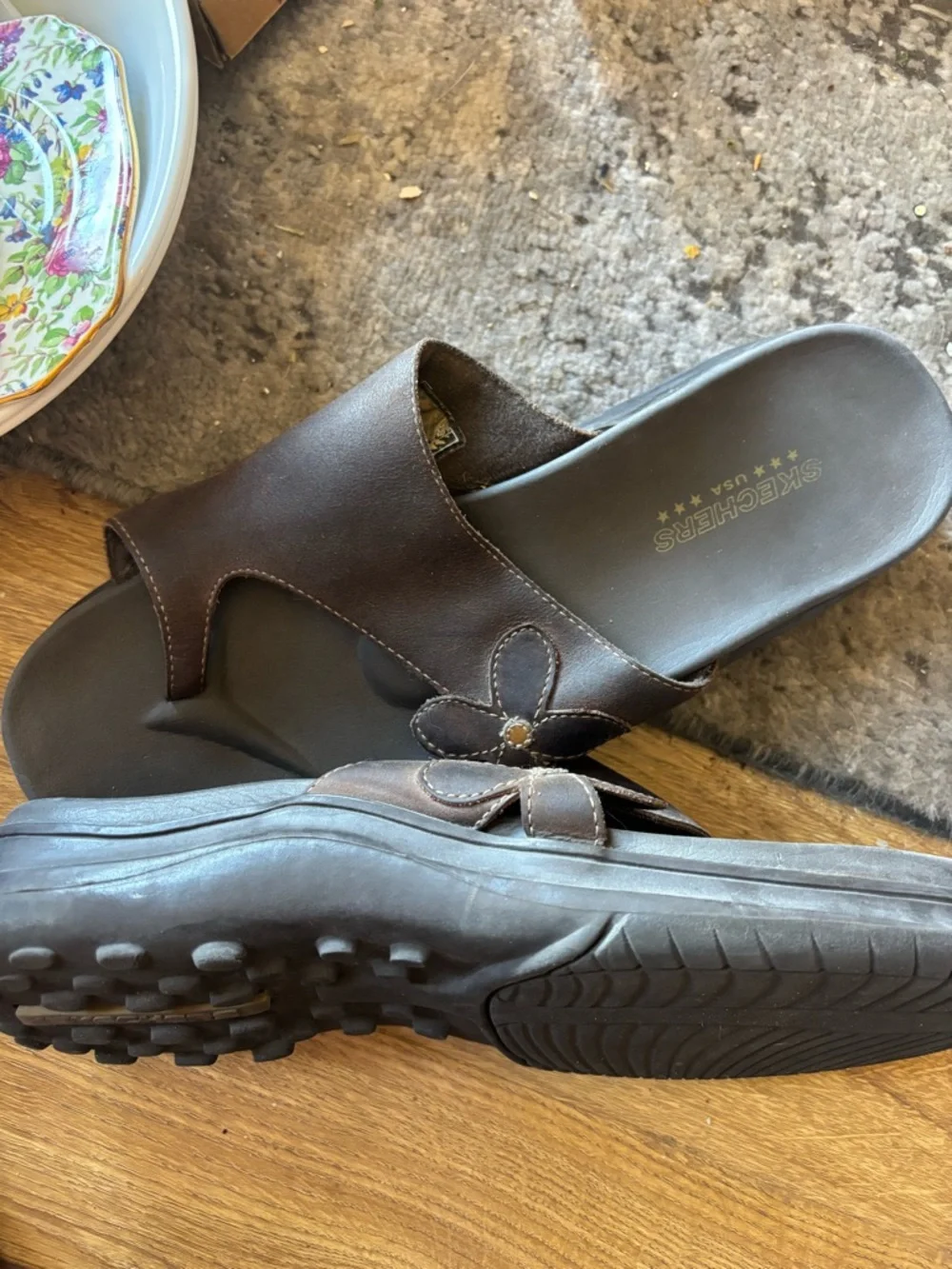 Skechers Women's Dark Brown Slide Sandals with Floral Accent - Picture 3 of 3